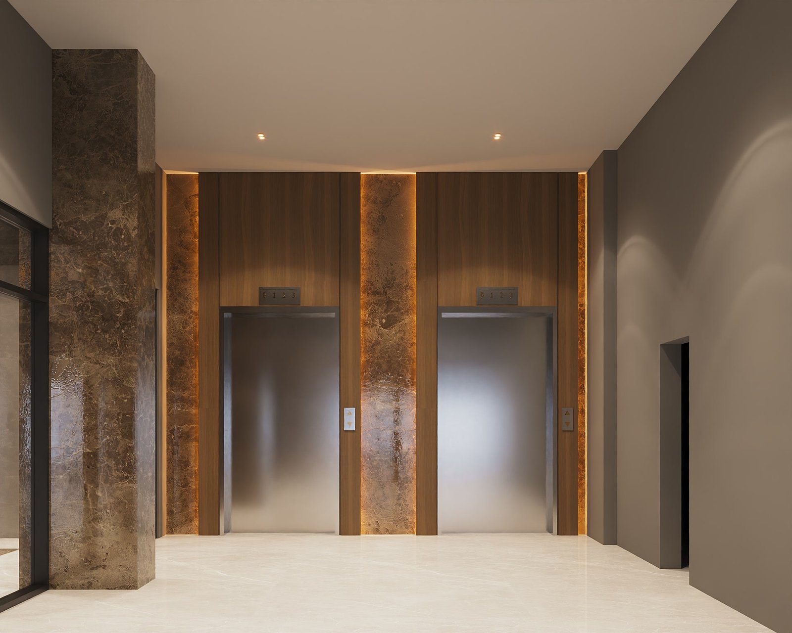 Lift lobby with walnut panels, brown marble and warm light strips