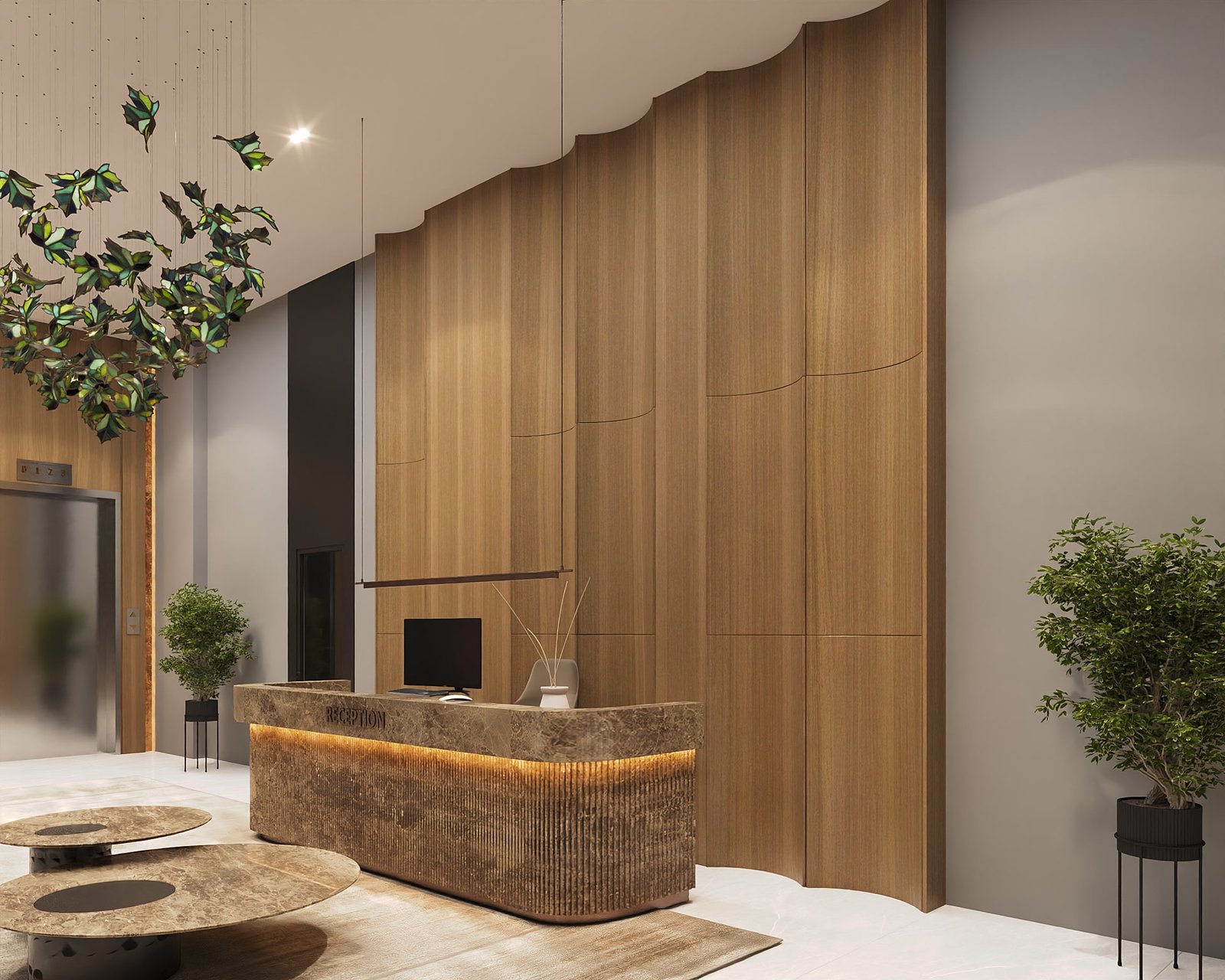 Reception desk in marble and walnut under hanging greenery